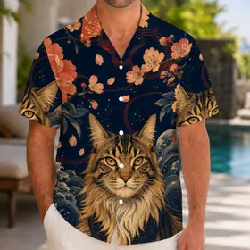 Japanese Tabby Cat Floral Night Motif for Tropical Festivals, Beach Travel, and Summer Hawaiian Shirt