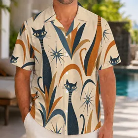 Mid Century Cats Atomic Starbursts Beach Vacation Retro Resort Wear For Men Casual Hawaiian Shirt