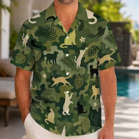 Tropical Camo Cat Silhouettes For Resort Travel, Beach Parties And Summer Style Hawaiian Shirt