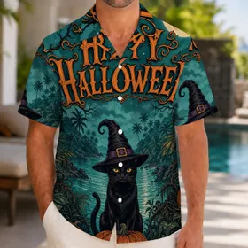 Black Cat Witch Hat Pumpkins Halloween Tropical Island Party Beach Vacation Outfit Men Hawaiian Shirt