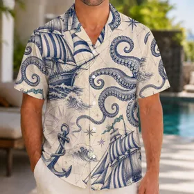 Vintage Nautical Octopus And Sailing Ships For Beach Vacation And Cruise Wear Style Hawaiian Shirt