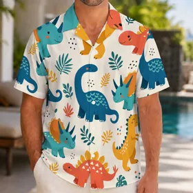 Colorful Cartoon Dinosaurs Tropical Leaves For Beach Vacation Retro Animal Lovers Hawaiian Shirt