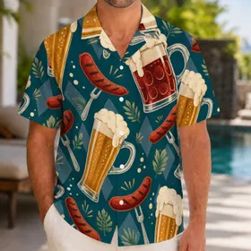Retro Beer Stein And Sausage Motifs For Oktoberfest Beach Parties And Resort Wear Hawaiian Shirt