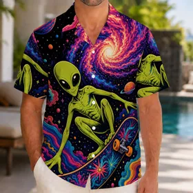 Retro Alien Skateboarder Cosmic Beach Party Aloha Gift for Sci Fi Retro Art Lovers Hawaiian Shirt