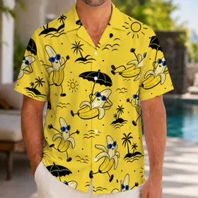Cartoon Banana Beach Parade With Blue Sunglasses For Tropical Vacation Style Men Hawaiian Shirt
