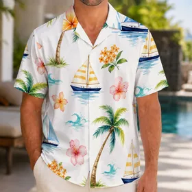 Watercolor Sailboats, Palms And Island Flowers For Coastal Vacation Resort Outings Hawaiian Shirt