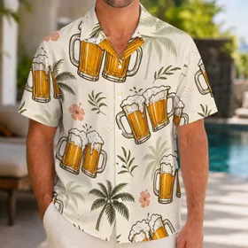 Clinking Beer Steins And Palm Fronds For Beach Vacations And Tropical Party Lovers Hawaiian Shirt