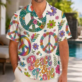 Retro Peace Love Floral Rainbow Motifs For Summer Festivals And Beach Vacation Wear Hawaiian Shirt