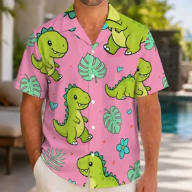 Cute Green Baby Dinosaurs On Pink For Beach Vacations, Cruises And Resort Lovers Hawaiian Shirt