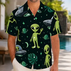 Retro Green Alien UFO Night Sky Summer Camp Vacation Party Outfit For Space Cartoon Fans Hawaiian Shirt