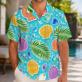 Tropical Shells Palm Fronds And Sea Glass For Beach Resort Vacation Travel Style Hawaiian Shirt