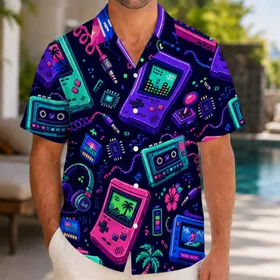 Neon Pixel Arcade Devices For Retro Parties, Beach Nights And 80s Gamer Style Wear Hawaiian Shirt