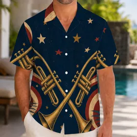 Patriotic Brass Trumpets Stars And Ribbons For Fourth Of July Holiday Celebrations Hawaiian Shirt