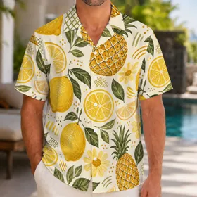 Lemon Pineapple Citrus Motifs for Summer Beach Vacation Resort Wear Men and Women Hawaiian Shirt
