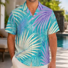 Tropical Fan Palm Fronds For Resort Vacation Beachwear Men Big And Tall Casual Style Hawaiian Shirt