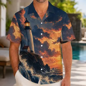 Lighthouse Sunset Ocean Wave Coastal Vacation Gift For Nautical Adventure Lovers Hawaiian Shirt