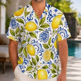 Lemon Citrus Blue Mediterranean Botanical For Summer Beach Vacation Resort Wear Men Hawaiian Shirt