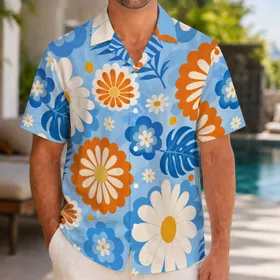 Retro Orange White Daisy Floral Aloha Summer Beach Vacation Resort Wear For Men Hawaiian Shirt
