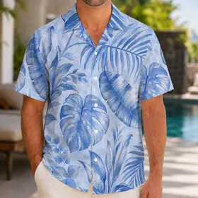 Blue Tropical Leaf Botanical Aloha Beach Vacation Resort Wear for Men on Cruises Hawaiian Shirt