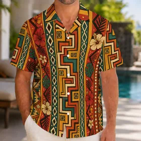 African-Inspired Geometric Sun Motifs For Beach Vacation Resort Wear Men Travel Style Hawaiian Shirt