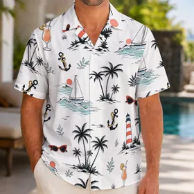 Nautical Palm Sailboat And Cocktail Motifs For Beach Vacations And Resort Weekends Hawaiian Shirt