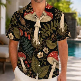 Scarlet Amanita Mushrooms And Ferns For Cottagecore Garden Adventures And Nature Lovers Hawaiian Shirt