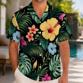 Tropical Monstera Palm And Hibiscus Floral Island Vacation Style For Beach Travel Men Hawaiian Shirt