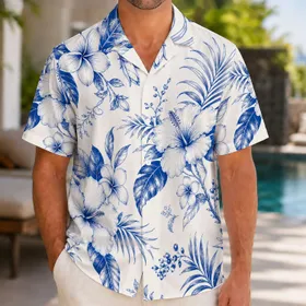 Cobalt Blue Hibiscus Flowers And Palm Leaves For Coastal Resort Vacation Beachwear Hawaiian Shirt