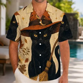 Black Cat Witch Hat Broom Autumn Leaves Halloween Party Vacation Wear Men Gift Outfit Hawaiian Shirt