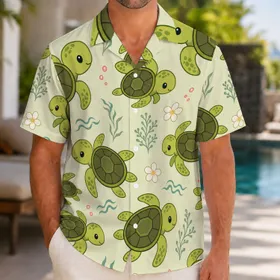 Baby Sea Turtles And Plumeria For Tropical Summer Beach Vacation Resort Wear For Men Hawaiian Shirt