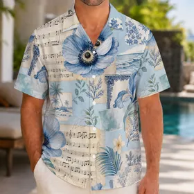 Vintage Blue Floral Music Manuscript Collage for Coastal Vacation Resort Travel Trips Hawaiian Shirt
