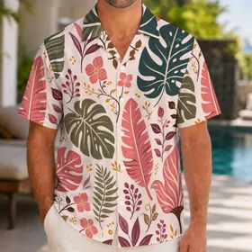 Tropical Botanical Leaves And Floral Folk Art For Beach Vacation Resort Wear Men Hawaiian Shirt