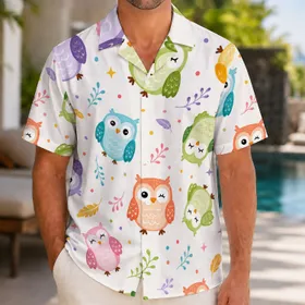 Colorful Cartoon Owl Motifs for Summer Parties, Beach Trips and Nature Bird Lovers Hawaiian Shirt