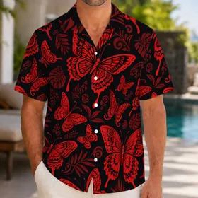 Scarlet Tropical Butterflies For Beach Vacations, Island Parties And Resort Style Hawaiian Shirt