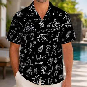 Monochrome Chalk Line Sports Athletes for Tropical Beach Vacation Active Fitness Lovers Hawaiian Shirt