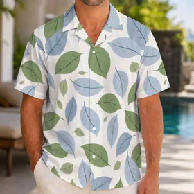 Green And Blue Gray Botanical Leaves For Resort Travel, Beach Days And Casual Summer Style Hawaiian Shirt