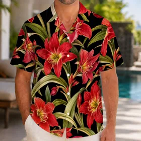 Red Amaryllis Lily Floral Tropical Party Style for Men’s Vacation and Resort Wear Hawaiian Shirt