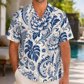 Blue And White Tropical Florals For Resort Vacations And Everyday Men's Summer Style Hawaiian Shirt