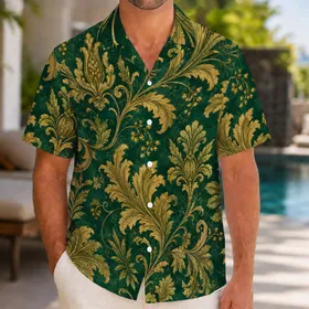 Jade Green Gold Acanthus Baroque Resort Style For Vacation Travel And Summer Wear Hawaiian Shirt