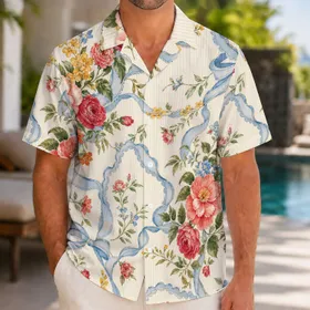 Vintage Floral Blue Ribbon Resort Style For Summer Parties And Tropical Vacation Wear Hawaiian Shirt
