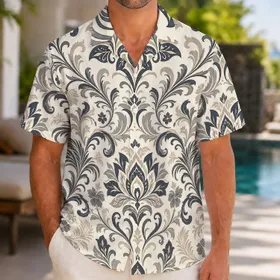 Ivory Tropical Damask Floral Motif For Summer Resort Vacation and Beach Travel Men Hawaiian Shirt