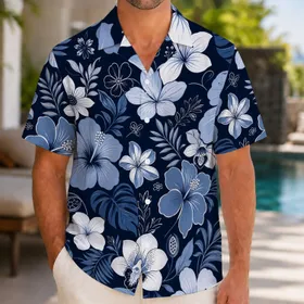 Blue White Tropical Floral Botanical For Resort Parties And Island Vacation Style Hawaiian Shirt