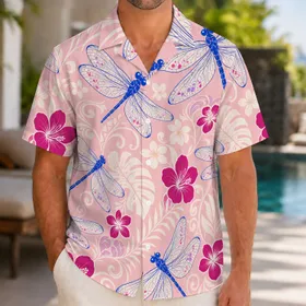 Cobalt Blue Dragonfly And Magenta Floral Aloha Party Wear For Men's Summer Events Hawaiian Shirt