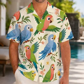 Colorful Cartoon Parrots And Budgies For Tropical Parties, Resorts And Vacation Travel Hawaiian Shirt