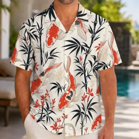 Koi Fish And Bamboo Garden For Tropical Parties, Beach Travel, And Resort Style Men Hawaiian Shirt