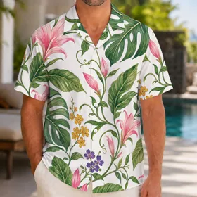 Tropical Botanical Leaves And Purple Flowers For Beach Resort Vacation Outfit Style Hawaiian Shirt