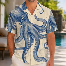 Vintage Blue Octopus Coastal Aloha Beach Vacation Resort Wear Style For Plus Size Men Hawaiian Shirt