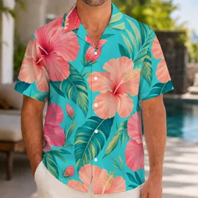 Coral Hibiscus And Tropical Leaves For Beach Vacation Resort Wear And Summer Travel Hawaiian Shirt
