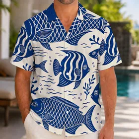 Indigo Tropical Reef Fish Coastal Vacation Style for Men's Relaxed Summer Resort Travel Hawaiian Shirt