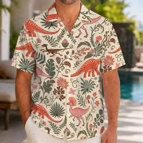 Coral Dinosaur Tropical Botanical Garden Resort Vacation Button Down For Men Hawaiian Shirt